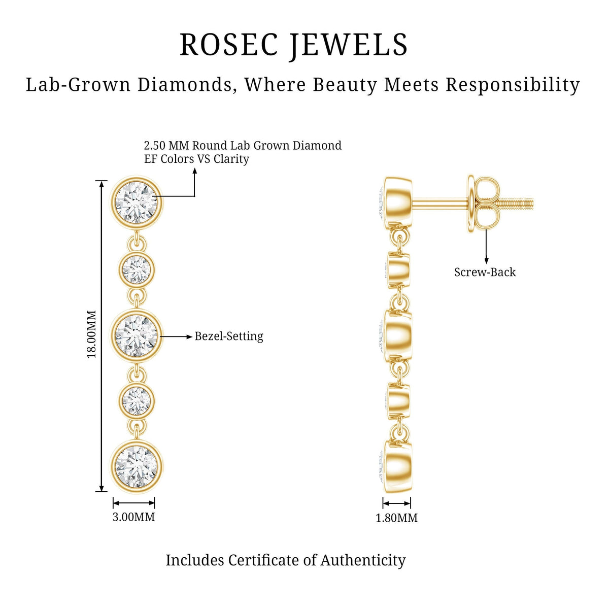 Diamond Dangle Earrings – Lab Grown Diamonds Round Cut in Bezel Setting