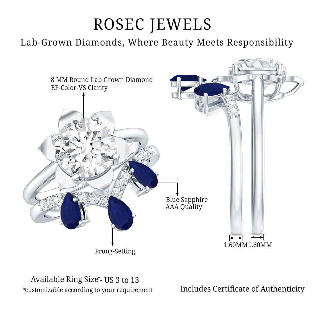 Diamond Engagement Ring, Lab Grown 2 Carat Blue Sapphire Ring
