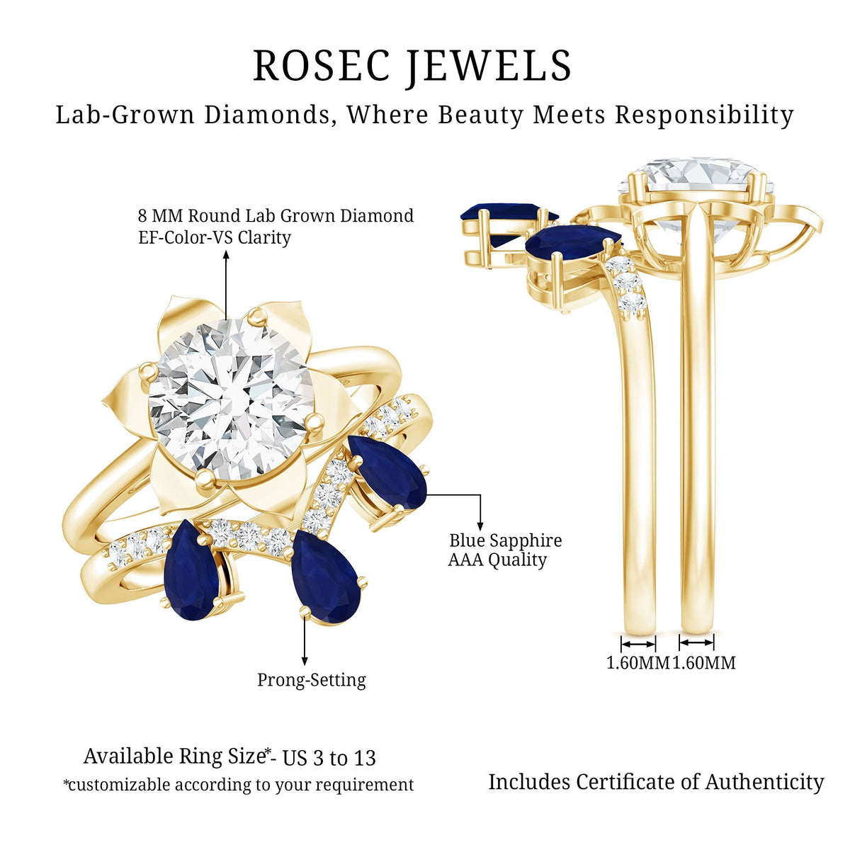 Diamond Engagement Ring, Lab Grown 2 Carat Blue Sapphire Ring