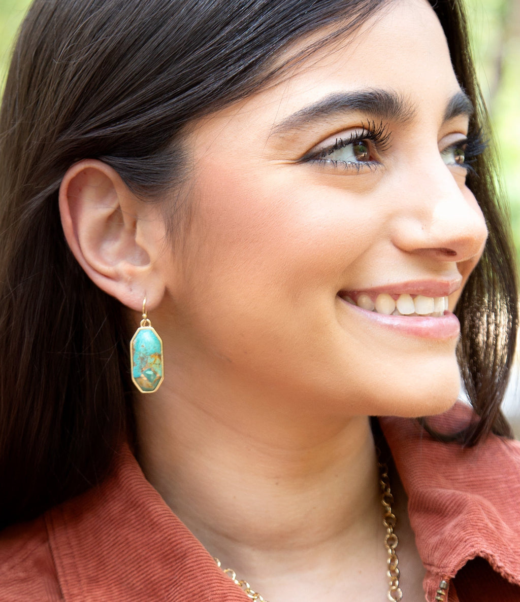 Dolce Teal Blue Turquoise Matrix Golden Drop Earrings