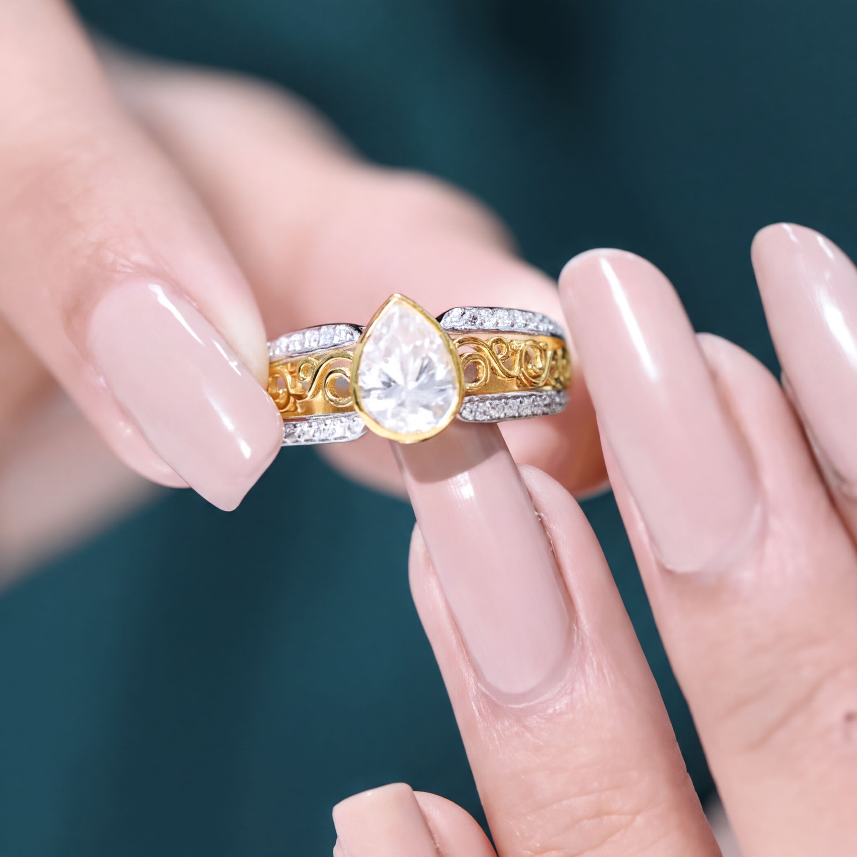 A close-up of a person's hand holding a gold ring with a large, clear gemstone, likely a diamond.