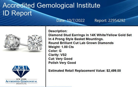Lab Grown Diamond Earrings – 14K Gold Round Cut Studs | 1 & 2 Carat Options
