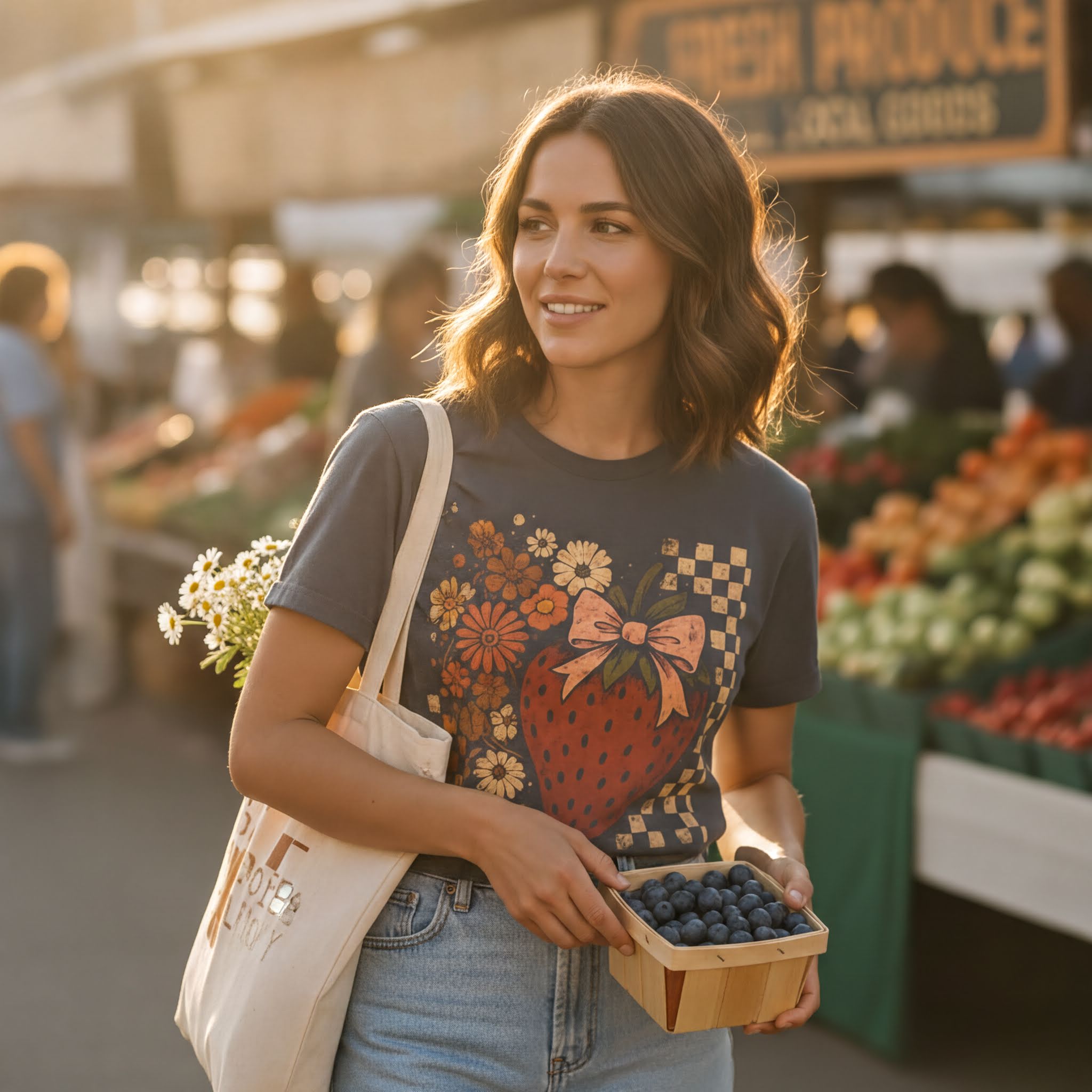 A woman is holding a basket of blueberries and smiling at the camera, standing in front of a fruit stand at an outdoor market.
