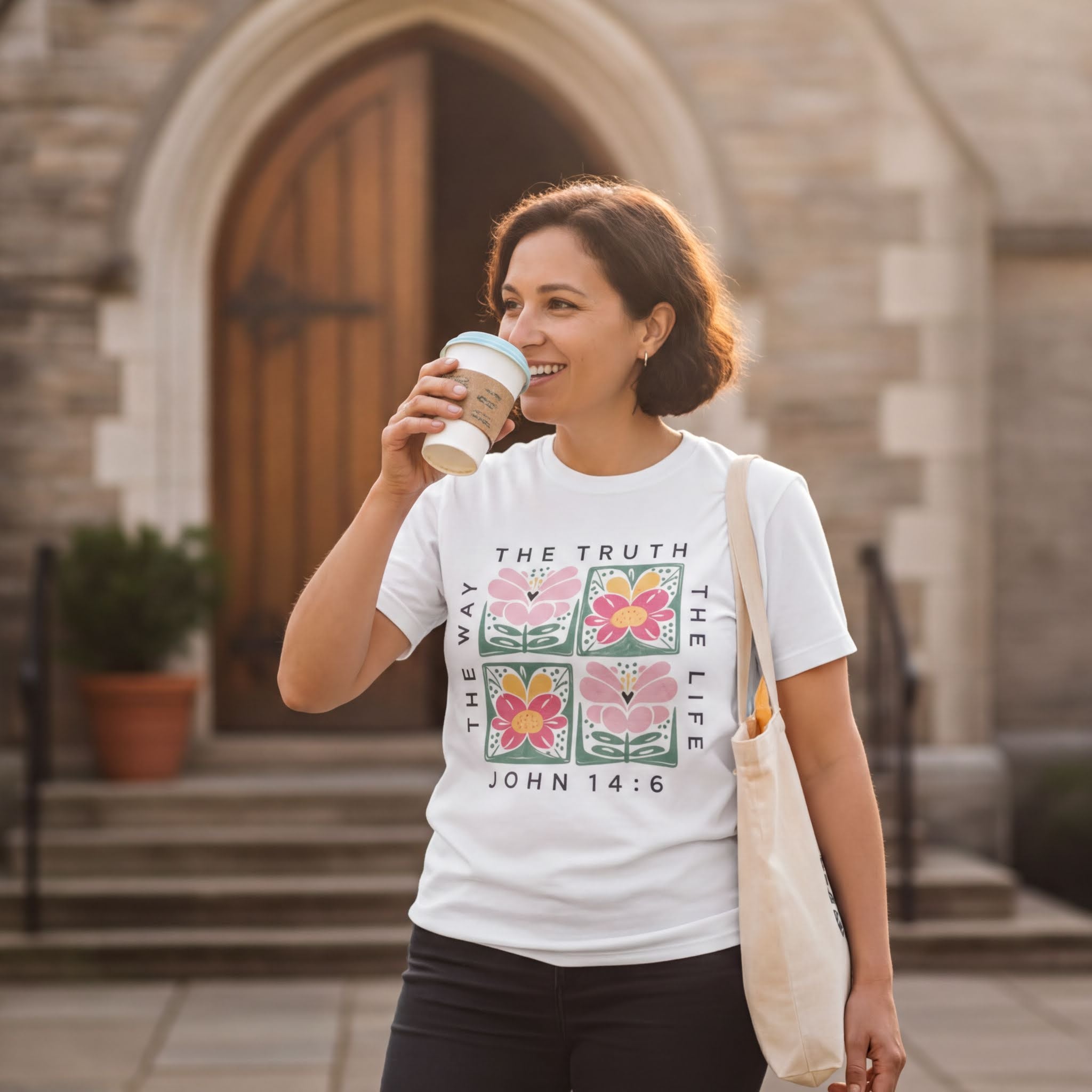 A woman wearing a white t-shirt with a floral design and text, smiling and holding a coffee cup, standing in front of a stone building.