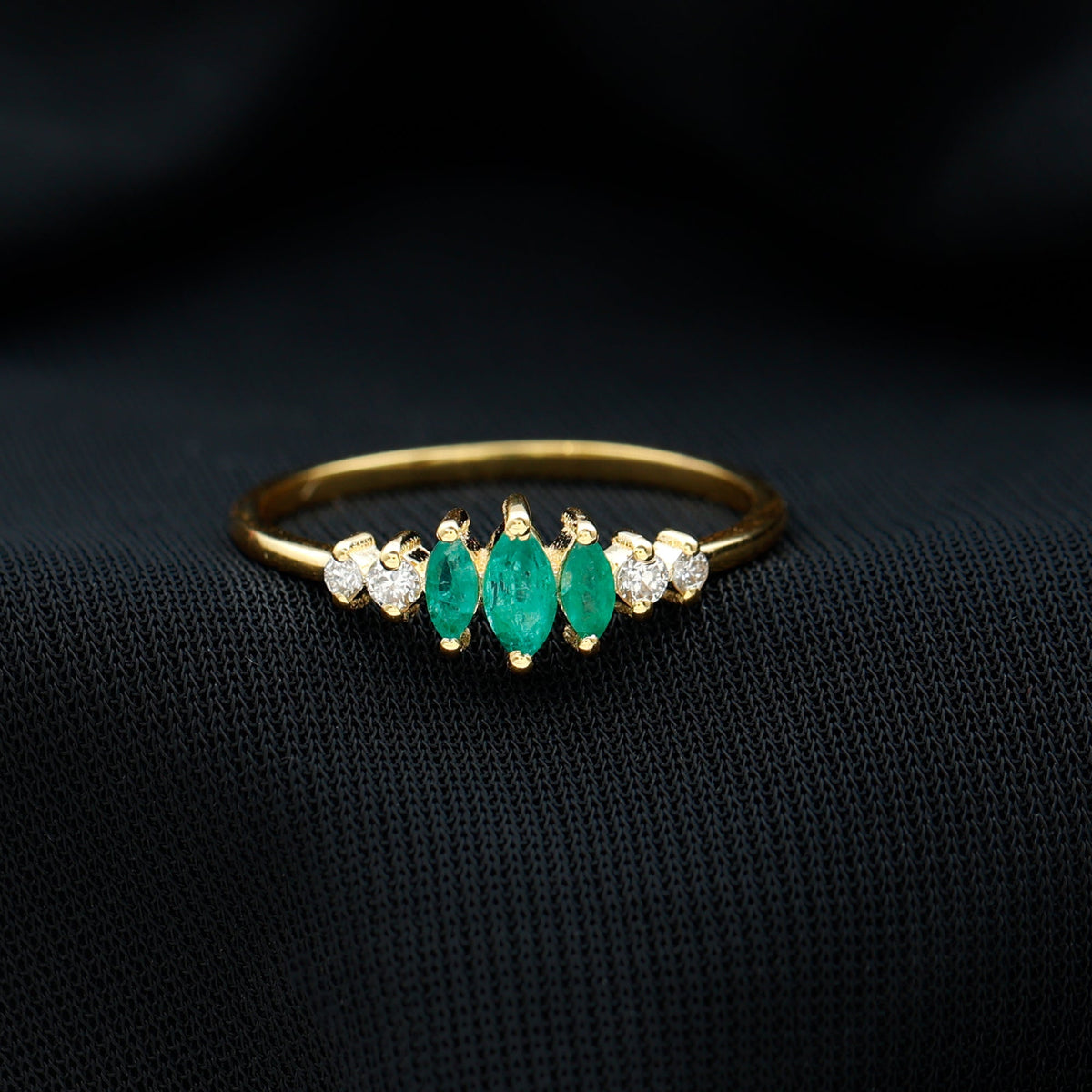 Emerald Anniversary Ring - Marquise Cut Emerald And Diamond Three Stone Band