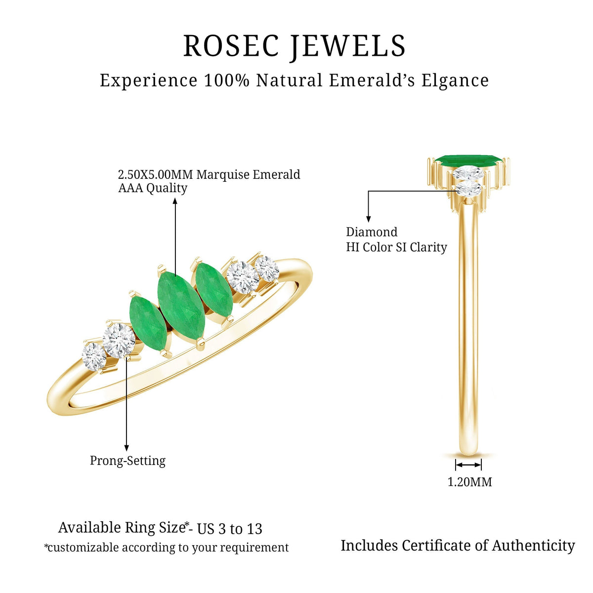 Emerald Anniversary Ring - Marquise Cut Emerald And Diamond Three Stone Band