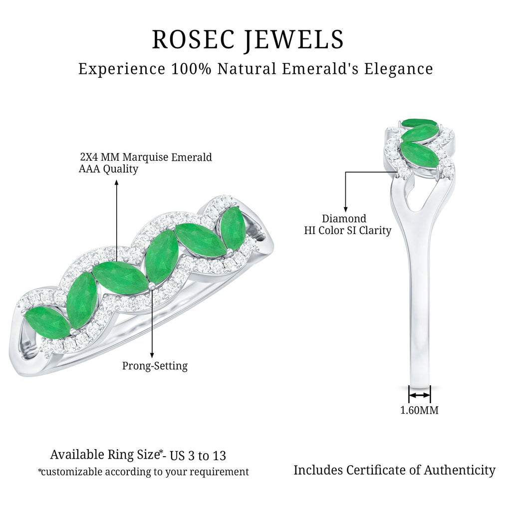 Emerald Anniversary Ring – Natural Marquise Emerald Half Eternity Band with Diamond Accents
