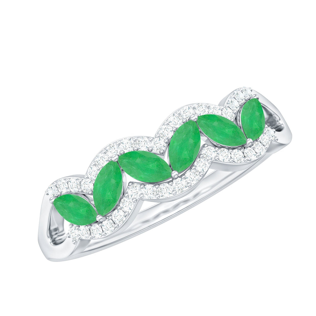 Emerald Anniversary Ring – Natural Marquise Emerald Half Eternity Band with Diamond Accents