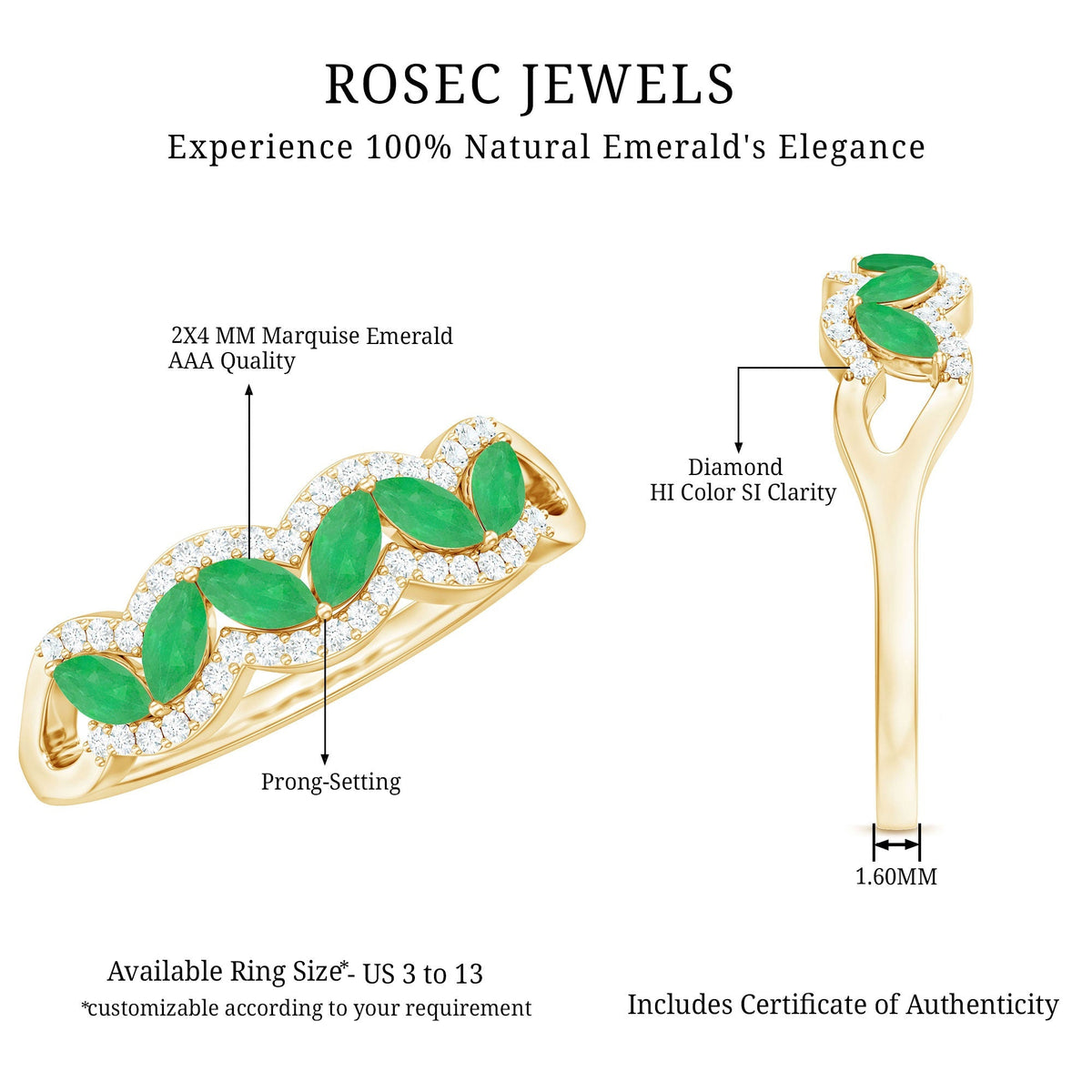 Emerald Anniversary Ring – Natural Marquise Emerald Half Eternity Band with Diamond Accents