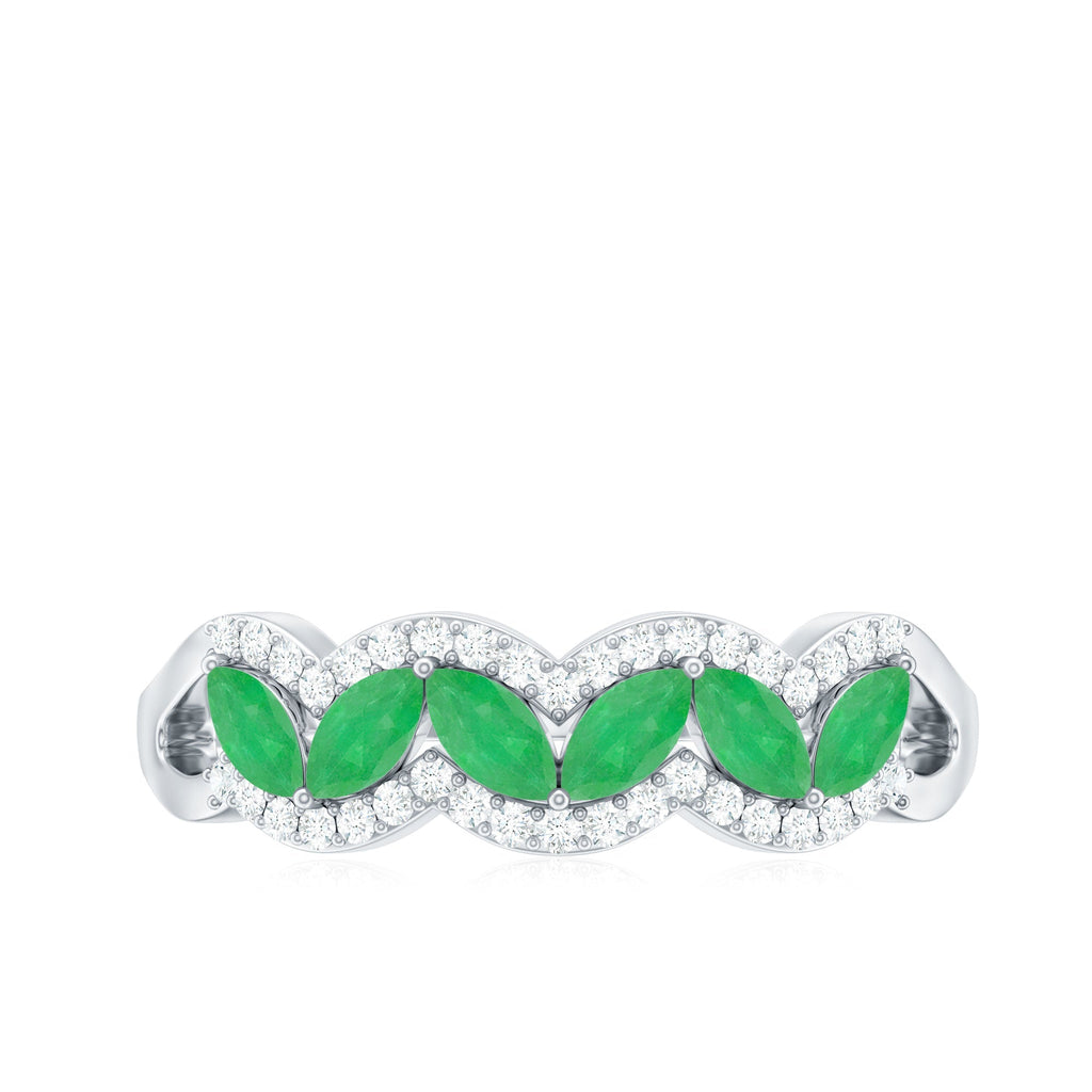 Emerald Anniversary Ring – Natural Marquise Emerald Half Eternity Band with Diamond Accents