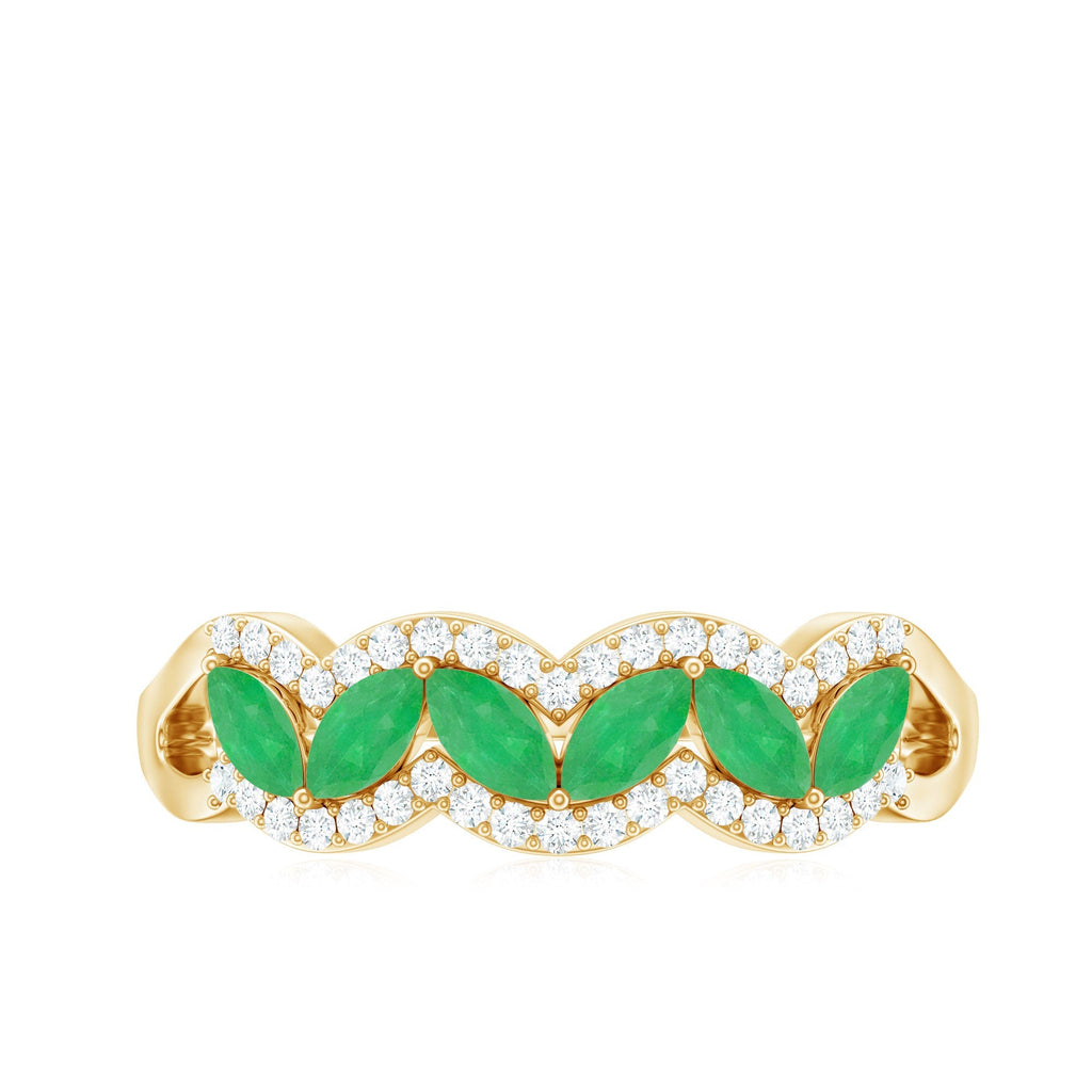 Emerald Anniversary Ring – Natural Marquise Emerald Half Eternity Band with Diamond Accents