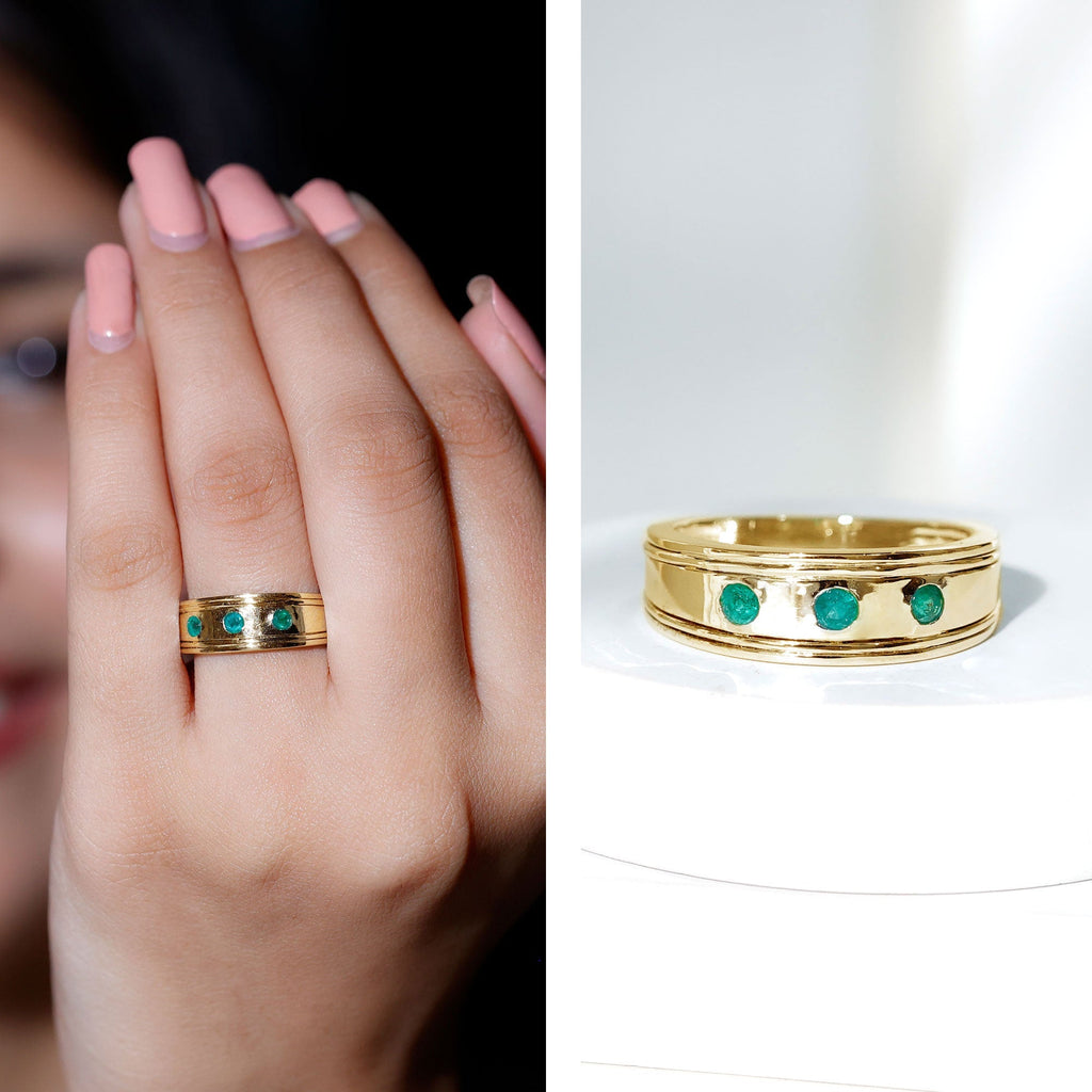 Emerald Band Ring – Minimalist Wide Band With AAA Quality Emeralds & Gypsy Setting