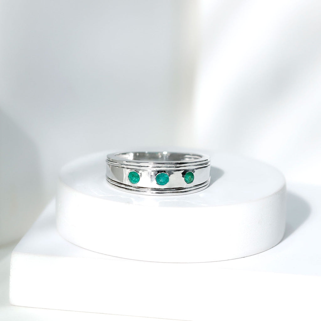 Emerald Band Ring – Minimalist Wide Band With AAA Quality Emeralds & Gypsy Setting