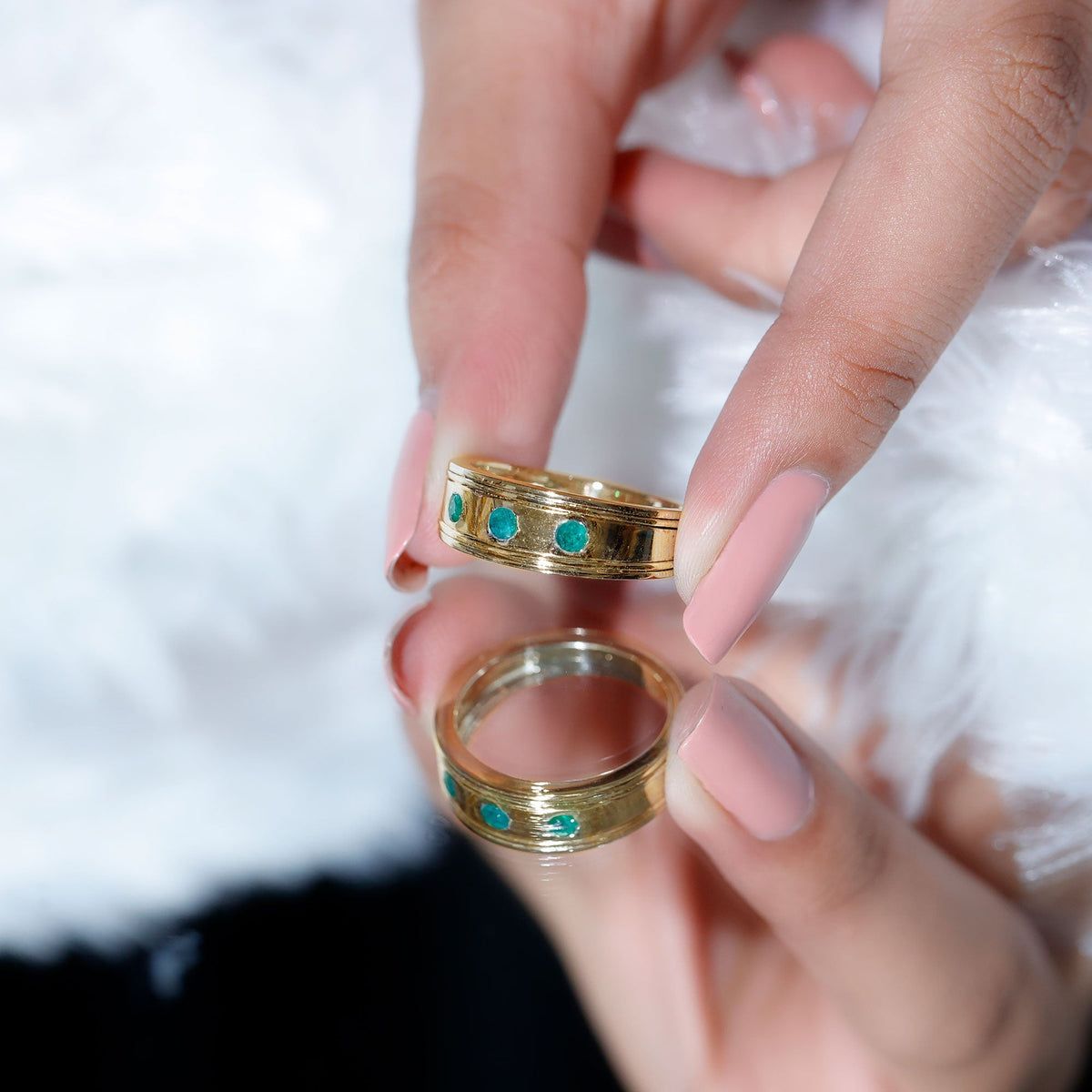 Emerald Band Ring – Minimalist Wide Band With AAA Quality Emeralds & Gypsy Setting