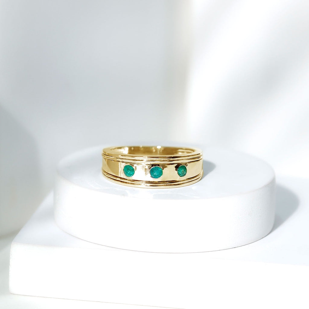 Emerald Band Ring – Minimalist Wide Band With AAA Quality Emeralds & Gypsy Setting