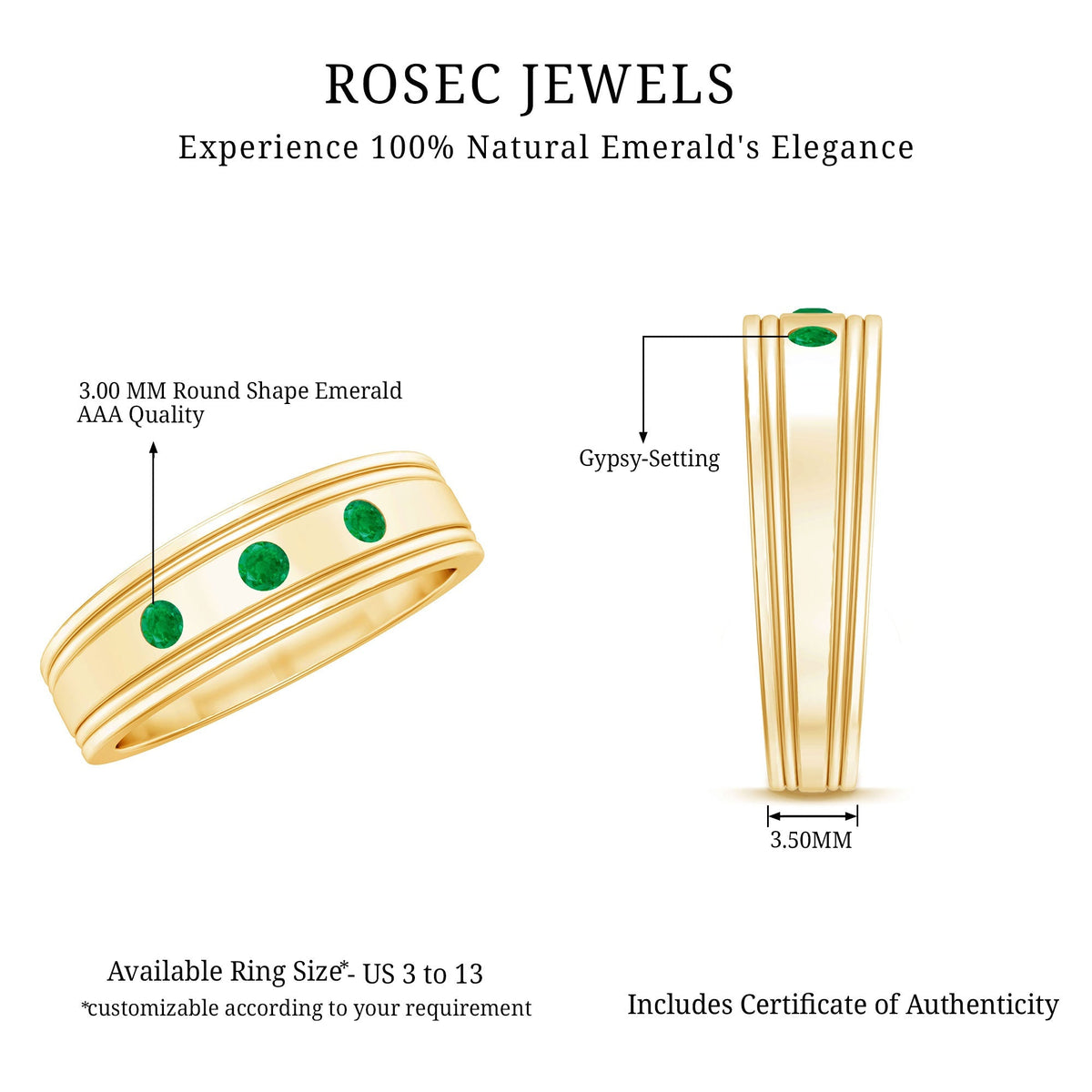 Emerald Band Ring – Minimalist Wide Band With AAA Quality Emeralds & Gypsy Setting