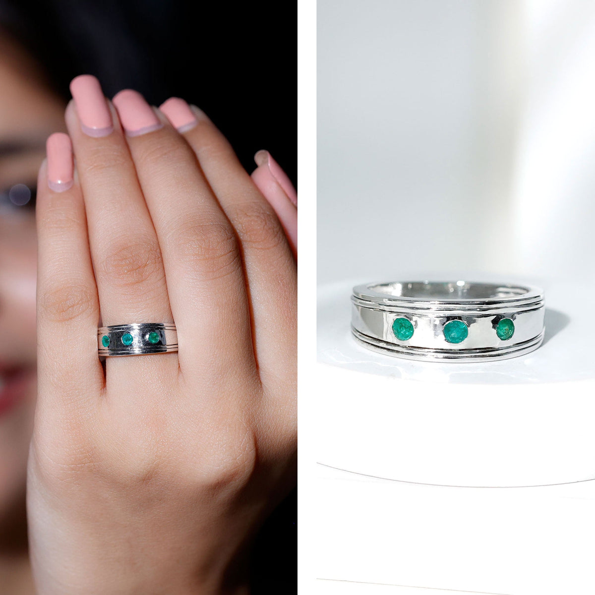 Emerald Band Ring – Minimalist Wide Band With AAA Quality Emeralds & Gypsy Setting