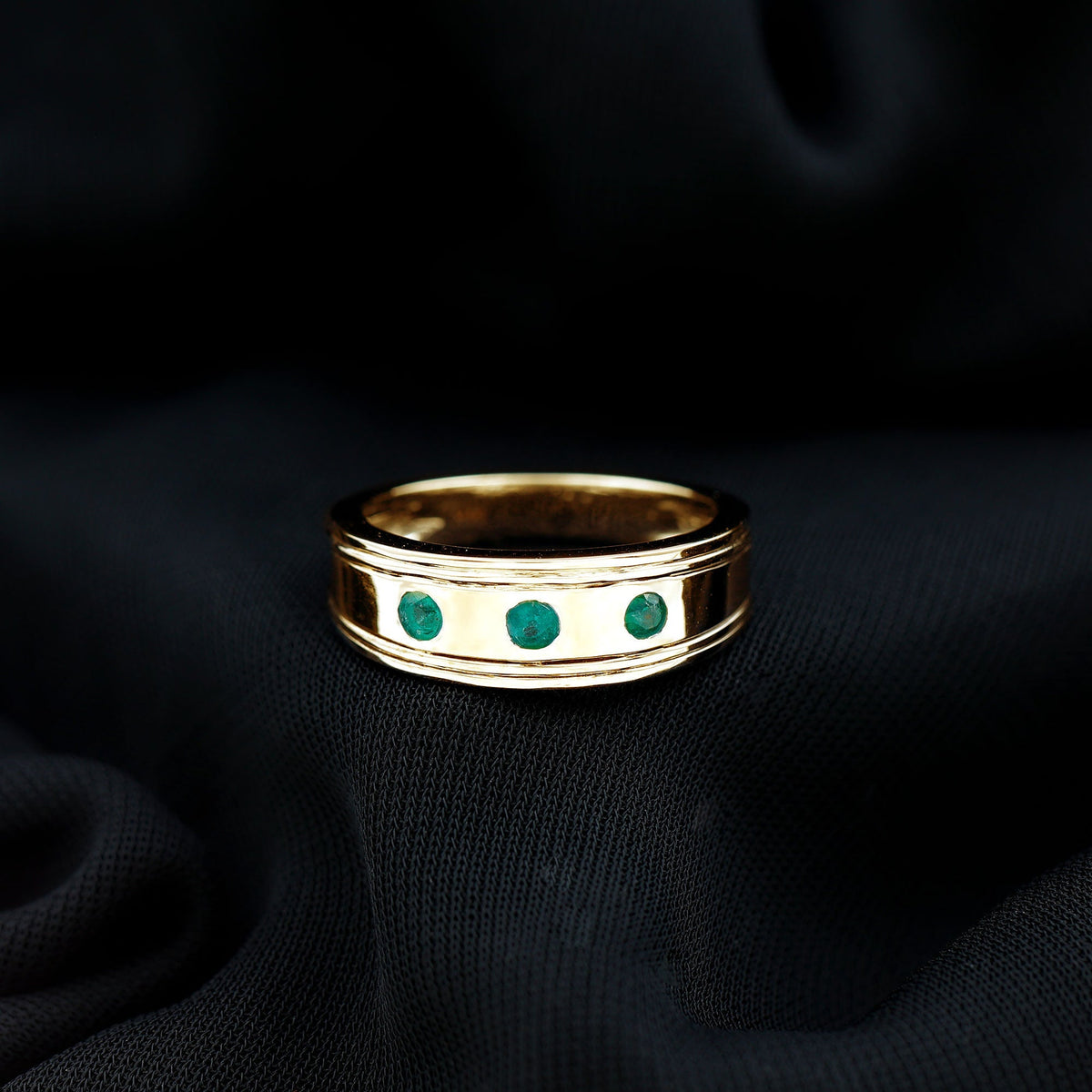 Emerald Band Ring – Minimalist Wide Band With AAA Quality Emeralds & Gypsy Setting