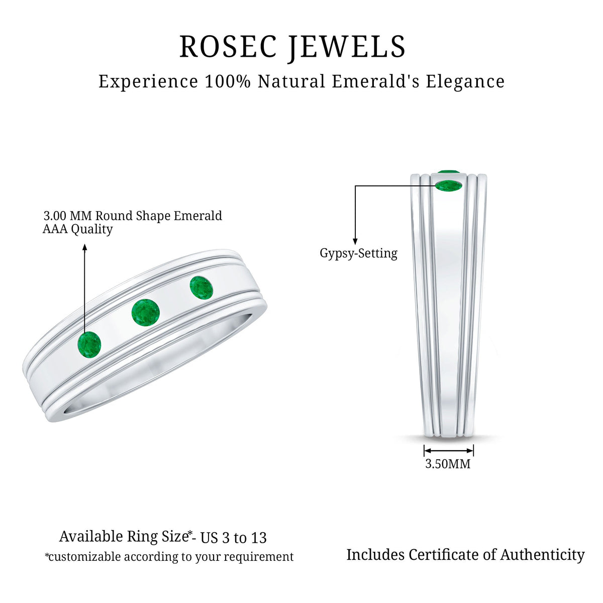 Emerald Band Ring – Minimalist Wide Band With AAA Quality Emeralds & Gypsy Setting