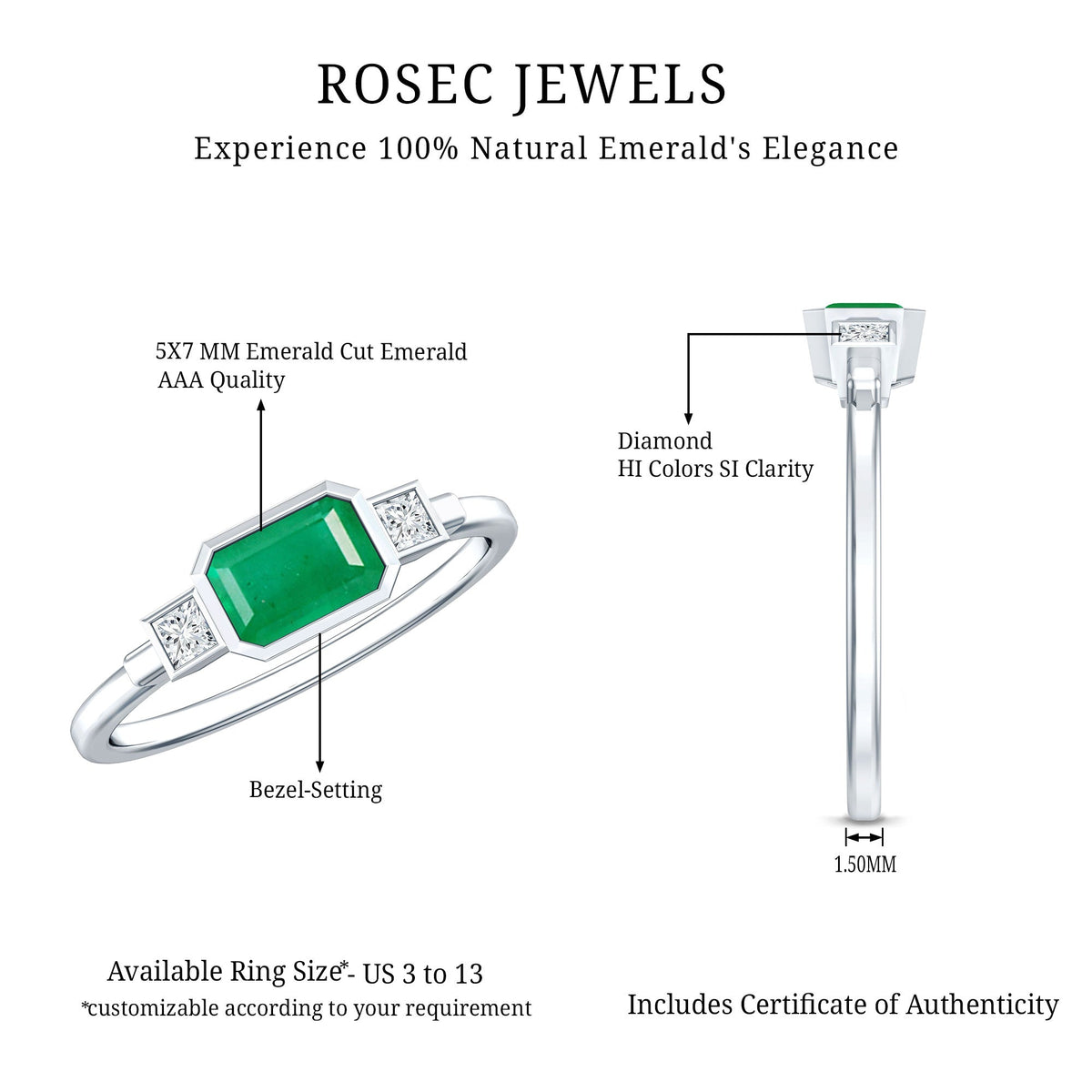 Emerald Bezel Ring Octagon Shape - Diamond Accent Engagement Band