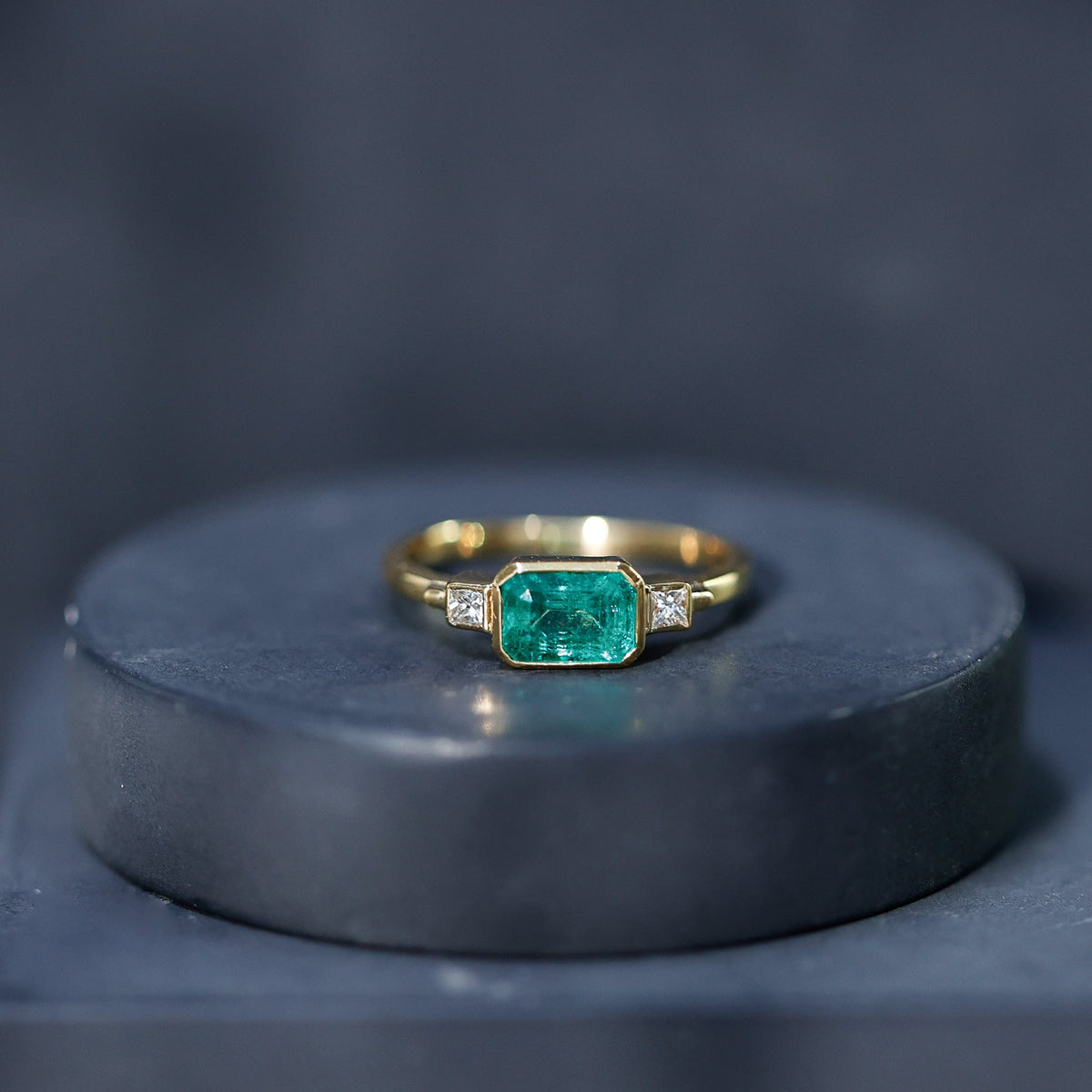 Emerald Bezel Ring Octagon Shape - Diamond Accent Engagement Band