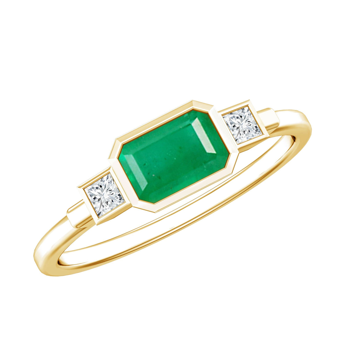 Emerald Bezel Ring Octagon Shape - Diamond Accent Engagement Band