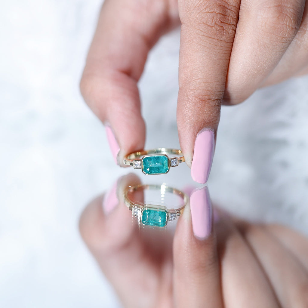 Emerald Bezel Ring Octagon Shape - Diamond Accent Engagement Band