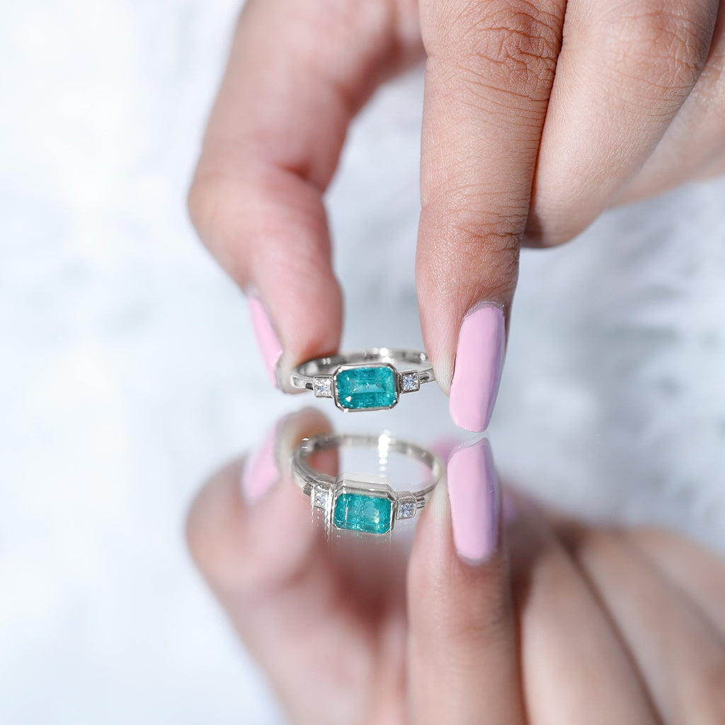 Emerald Bezel Ring Octagon Shape - Diamond Accent Engagement Band