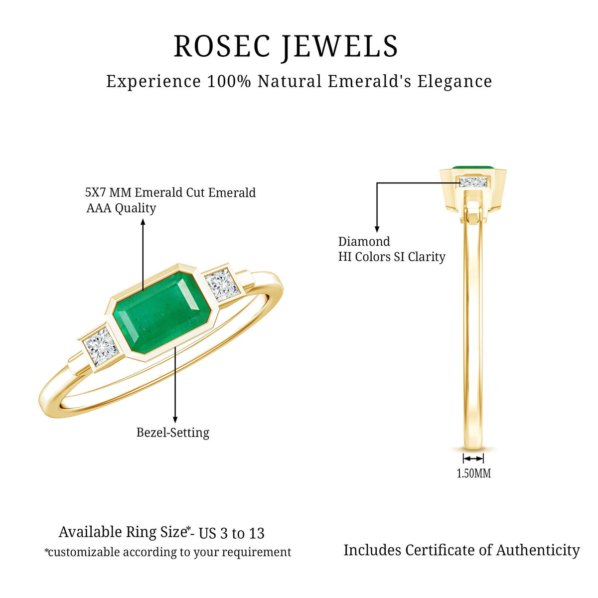 Emerald Bezel Ring Octagon Shape - Diamond Accent Engagement Band