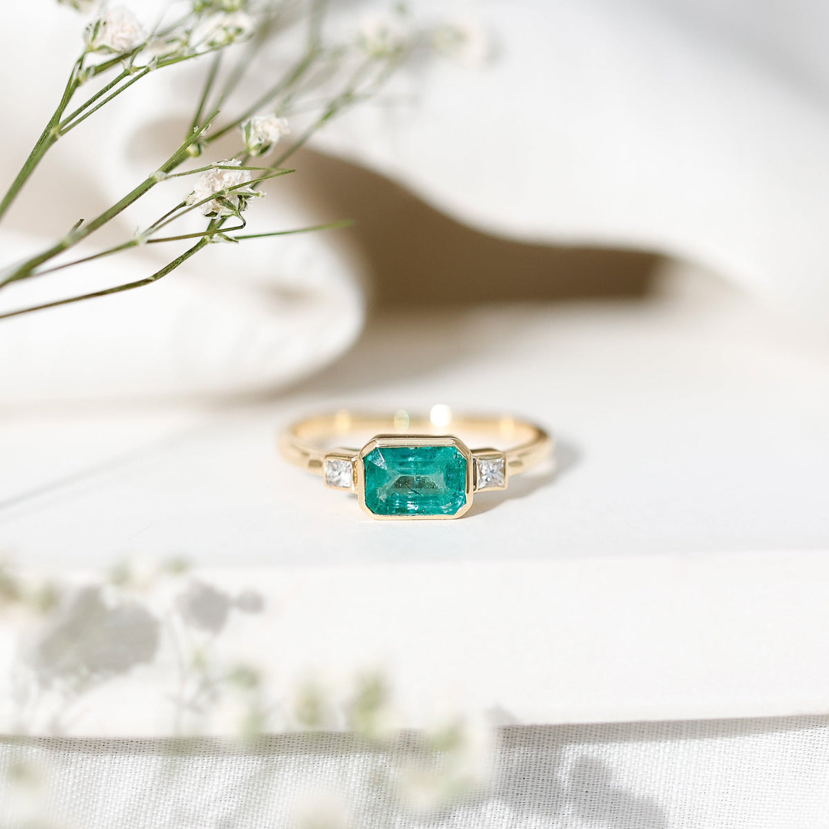 Emerald Bezel Ring Octagon Shape - Diamond Accent Engagement Band