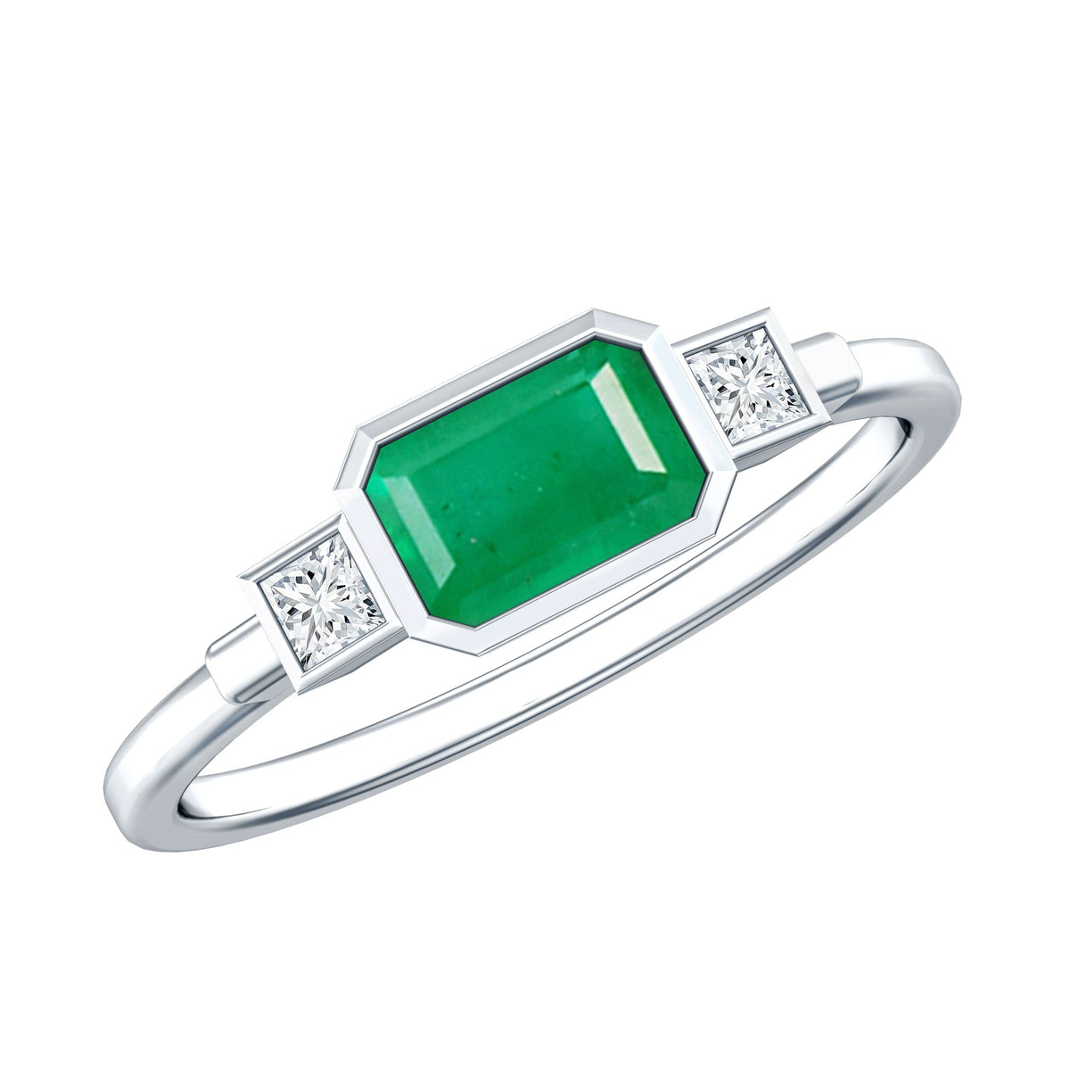Emerald Bezel Ring Octagon Shape - Diamond Accent Engagement Band