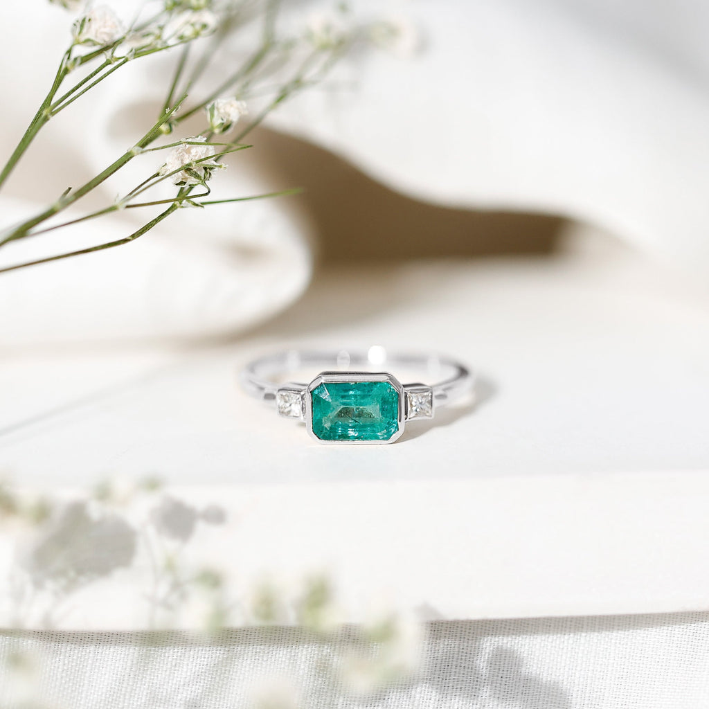 Emerald Bezel Ring Octagon Shape - Diamond Accent Engagement Band