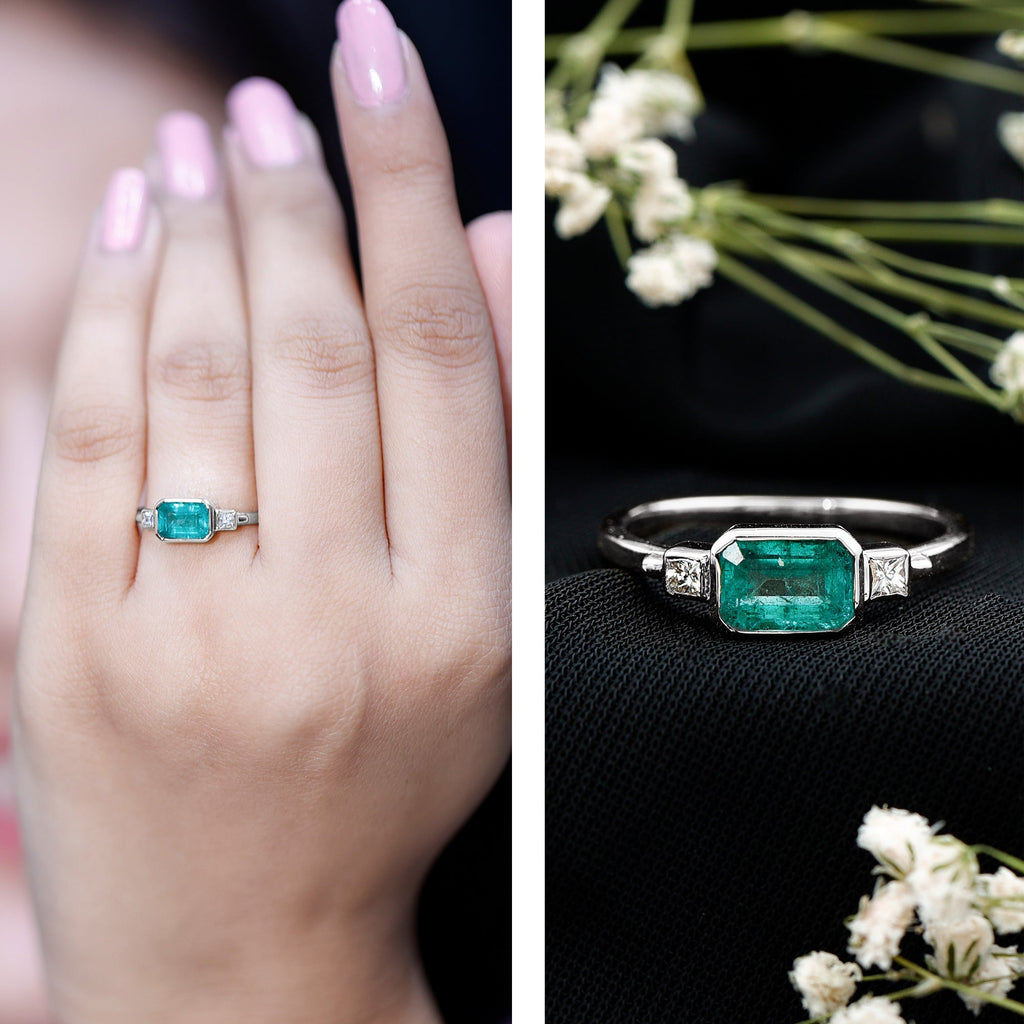 Emerald Bezel Ring Octagon Shape - Diamond Accent Engagement Band