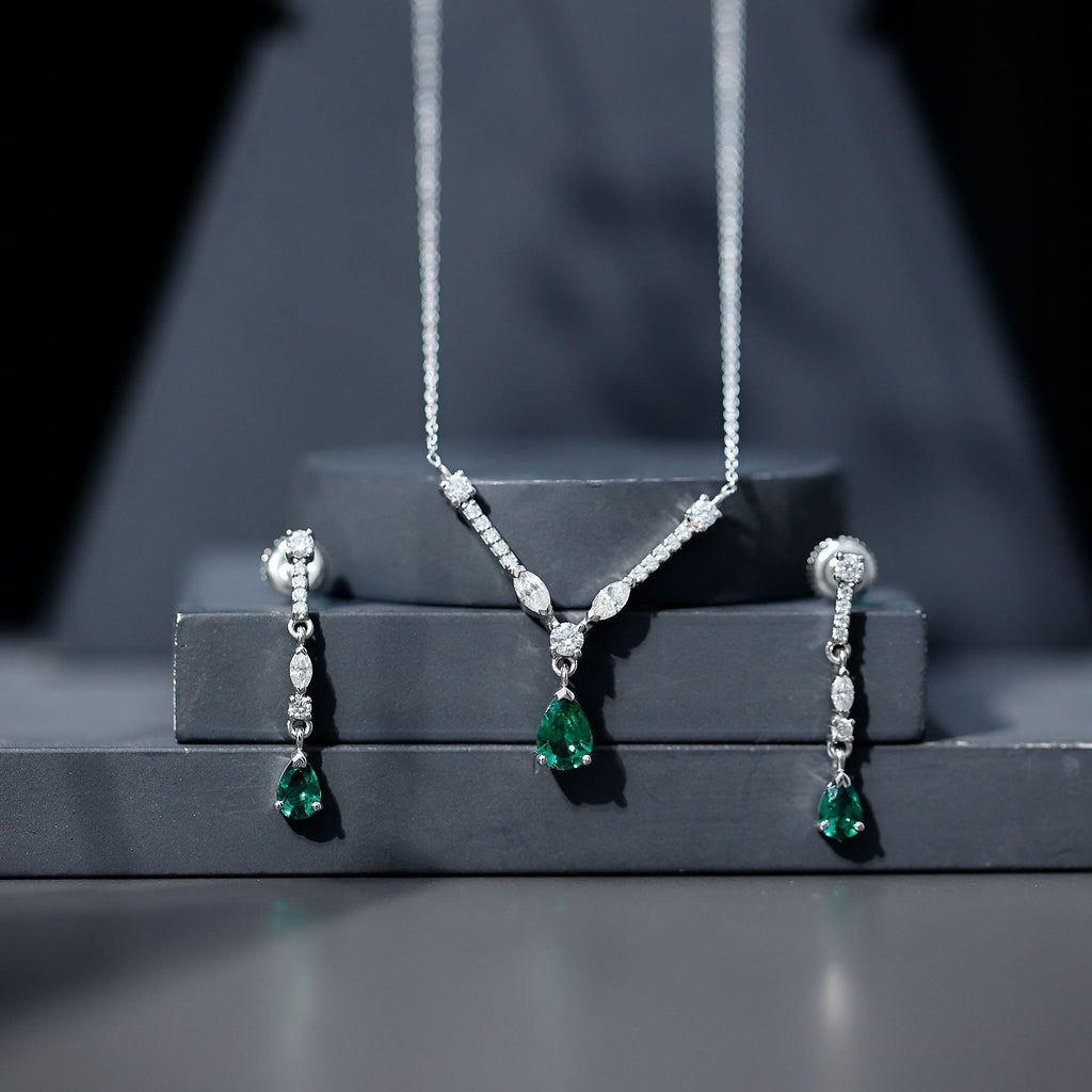 Emerald Bridal Necklace - Lab Created Emerald Wedding Jewelry Set With Moissanite Earrings