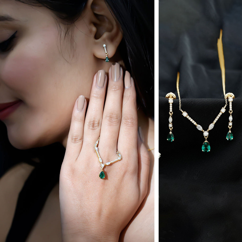 Emerald Bridal Necklace - Lab Created Emerald Wedding Jewelry Set With Moissanite Earrings