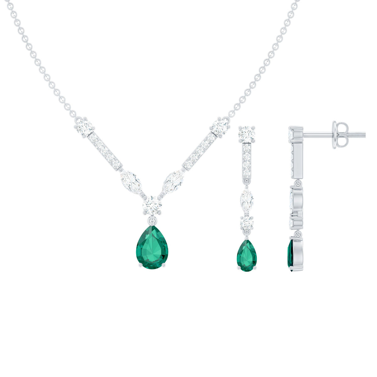 Emerald Bridal Necklace - Lab Created Emerald Wedding Jewelry Set With Moissanite Earrings