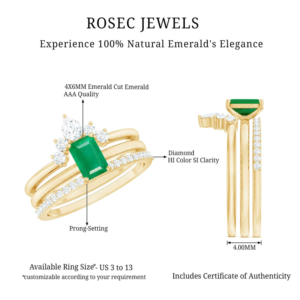 Emerald Bridal Ring Set – Natural Emerald Cut 0.6 Ct Diamond 3 Piece Set