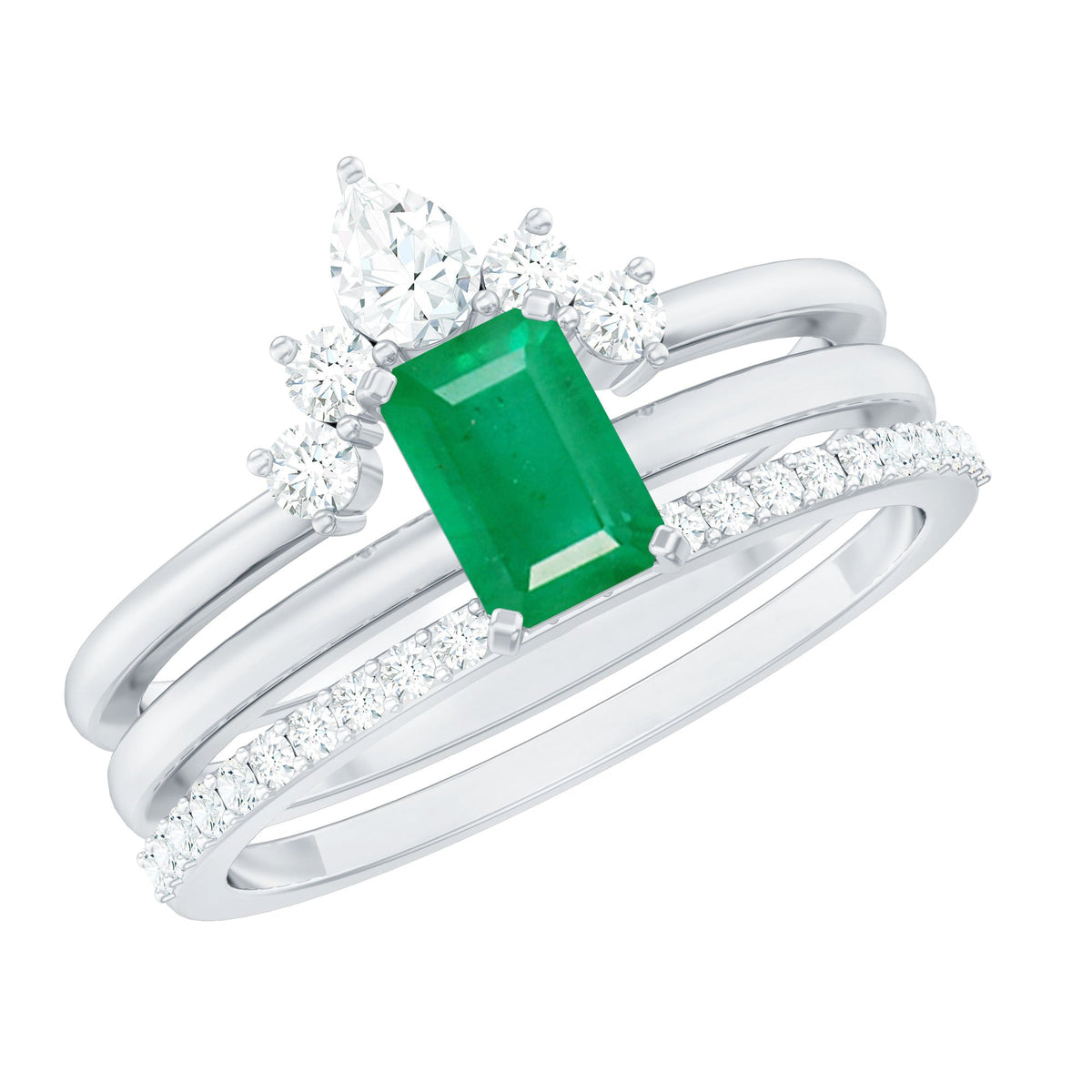 Emerald Bridal Ring Set – Natural Emerald Cut 0.6 Ct Diamond 3 Piece Set