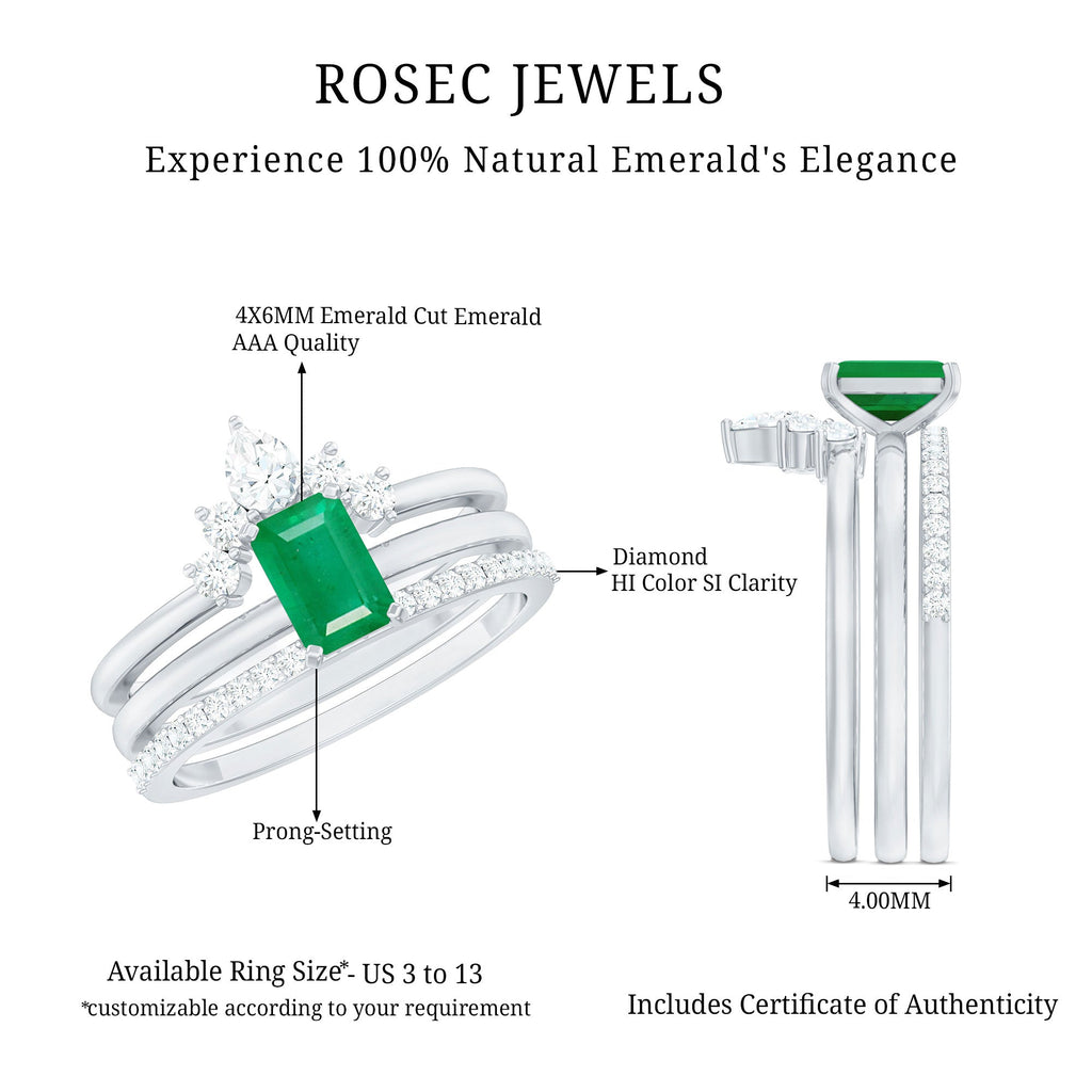 Emerald Bridal Ring Set – Natural Emerald Cut 0.6 Ct Diamond 3 Piece Set