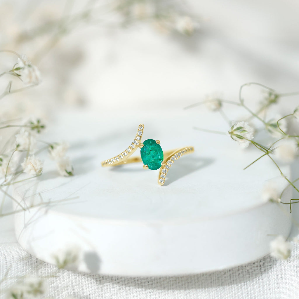 Emerald Bypass Ring - Oval Engagement Ring With Diamond Accents & Sculptural Band
