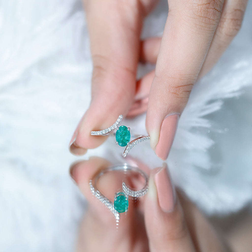 Emerald Bypass Ring - Oval Engagement Ring With Diamond Accents & Sculptural Band