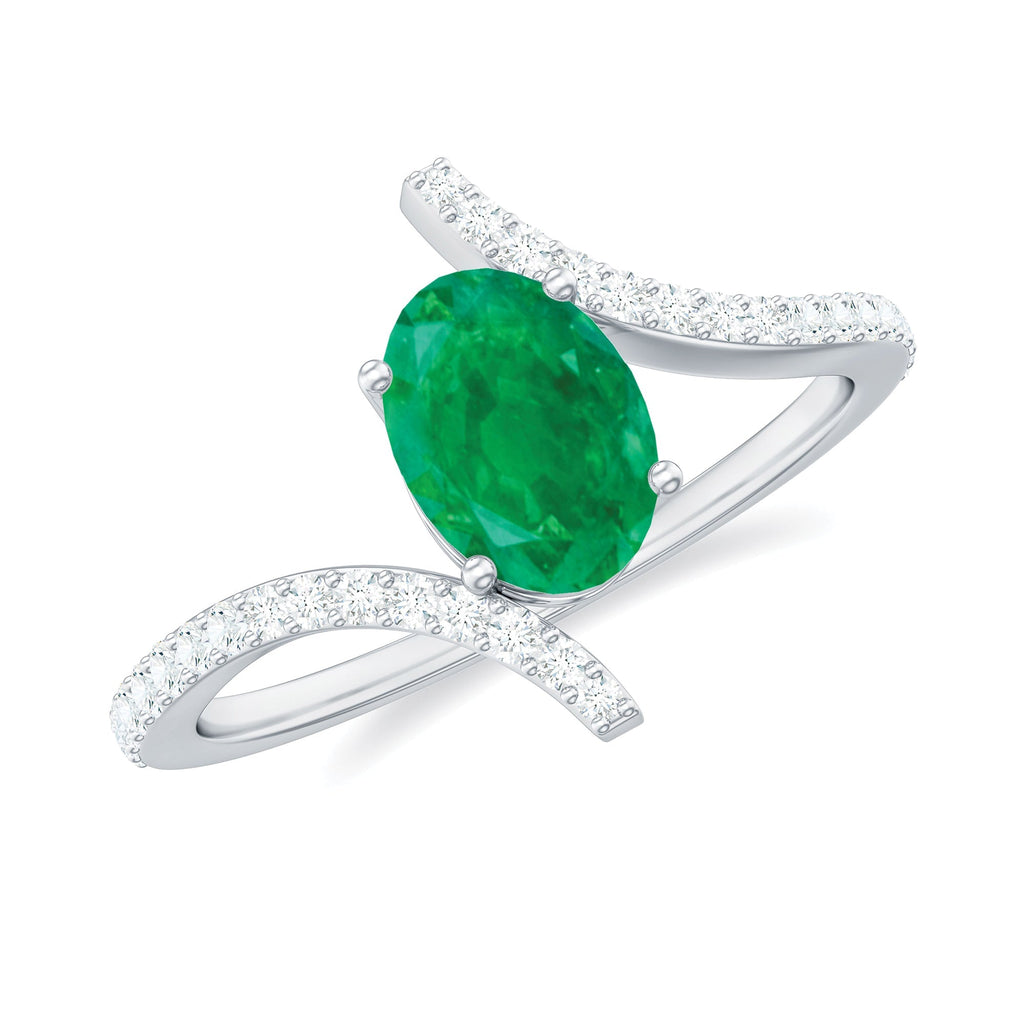 Emerald Bypass Ring - Oval Engagement Ring With Diamond Accents & Sculptural Band