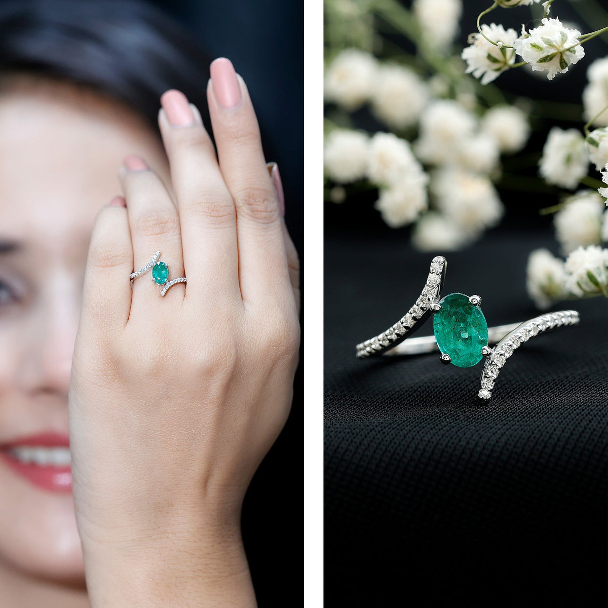 Emerald Bypass Ring - Oval Engagement Ring With Diamond Accents & Sculptural Band