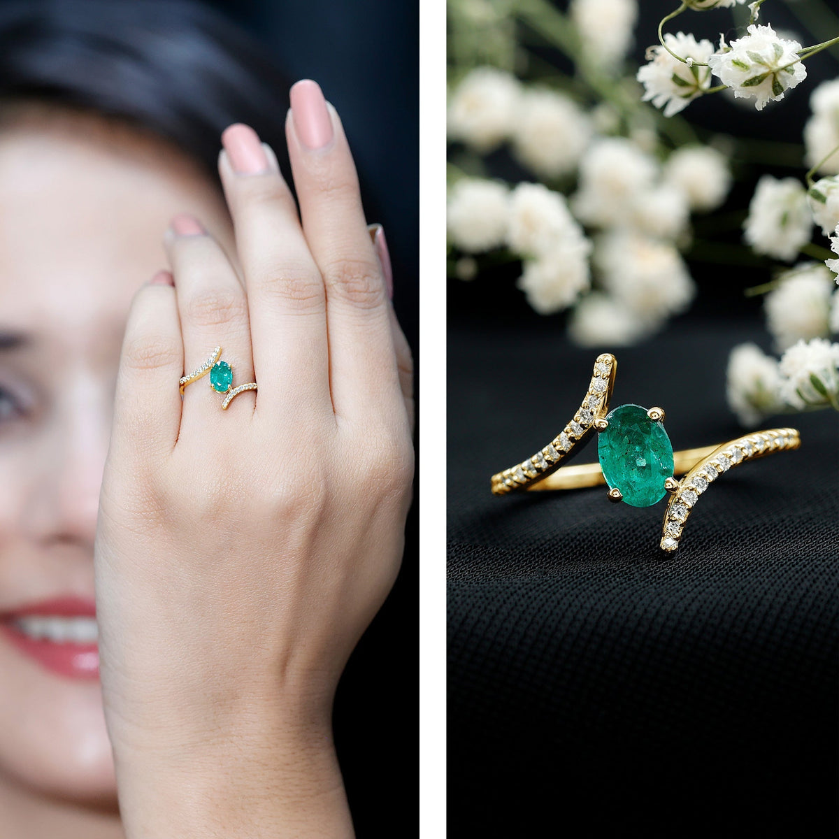 Emerald Bypass Ring - Oval Engagement Ring With Diamond Accents & Sculptural Band