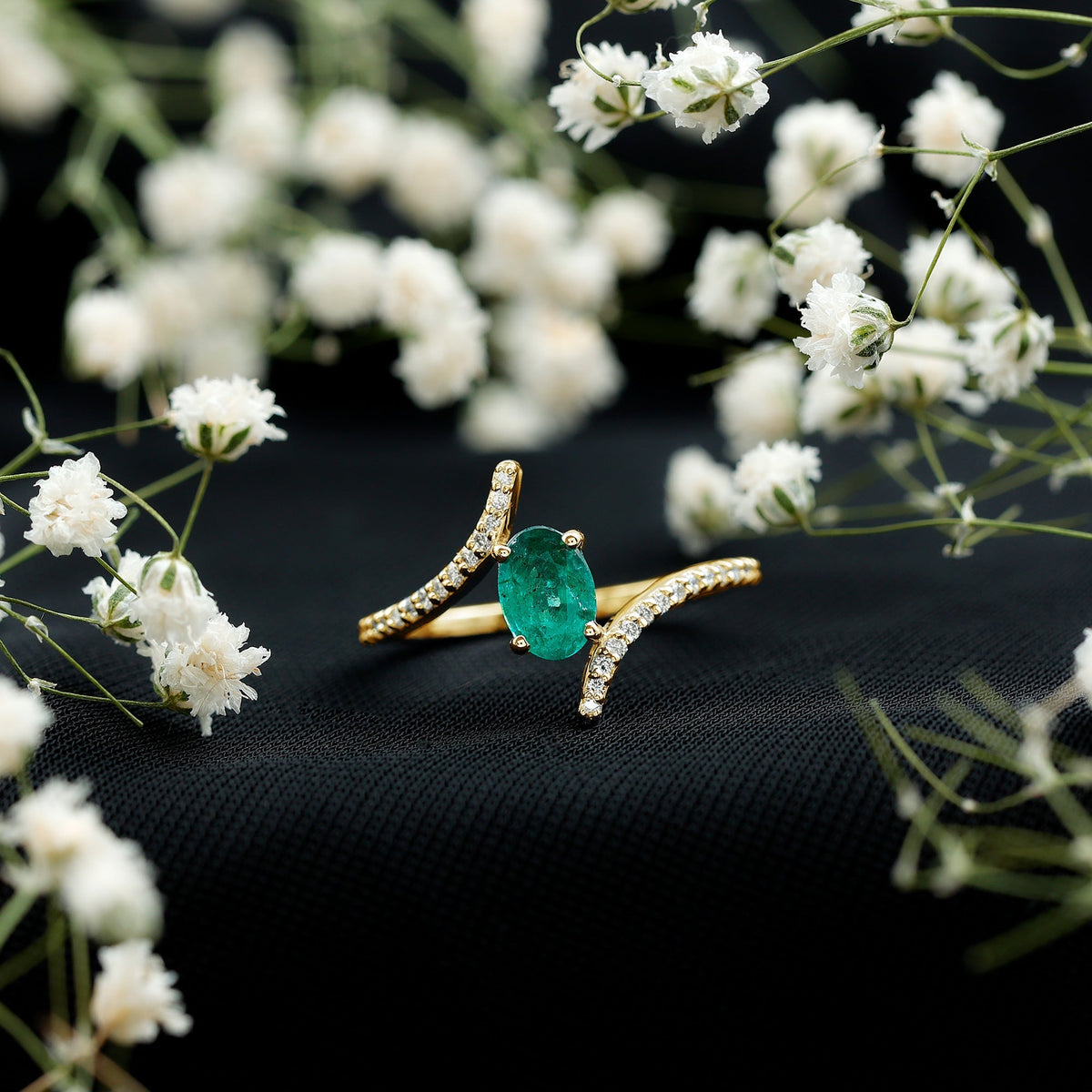 Emerald Bypass Ring - Oval Engagement Ring With Diamond Accents & Sculptural Band