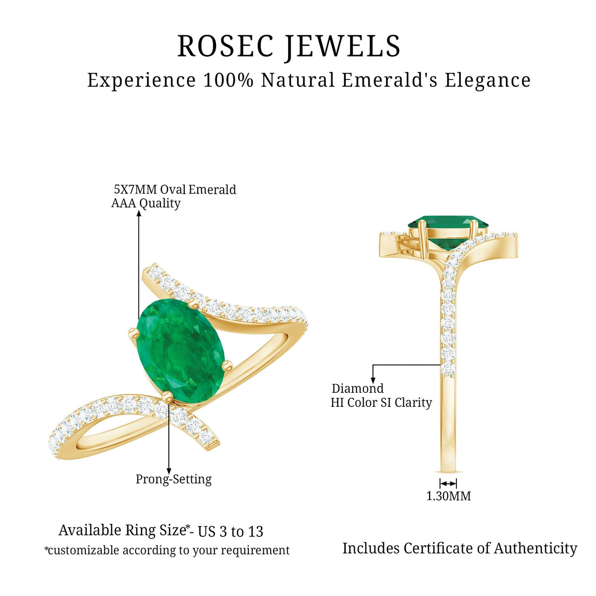 Emerald Bypass Ring - Oval Engagement Ring With Diamond Accents & Sculptural Band