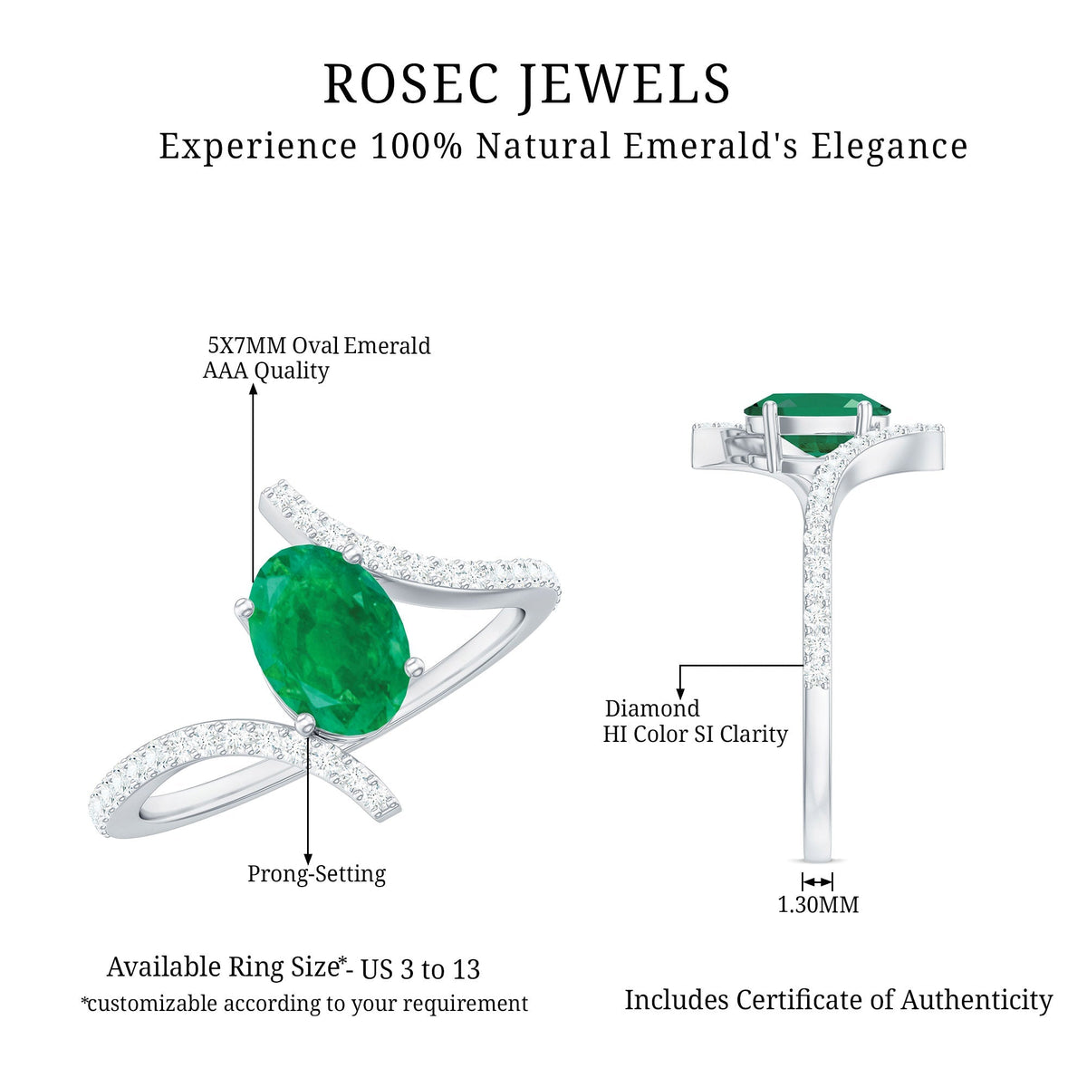 Emerald Bypass Ring - Oval Engagement Ring With Diamond Accents & Sculptural Band