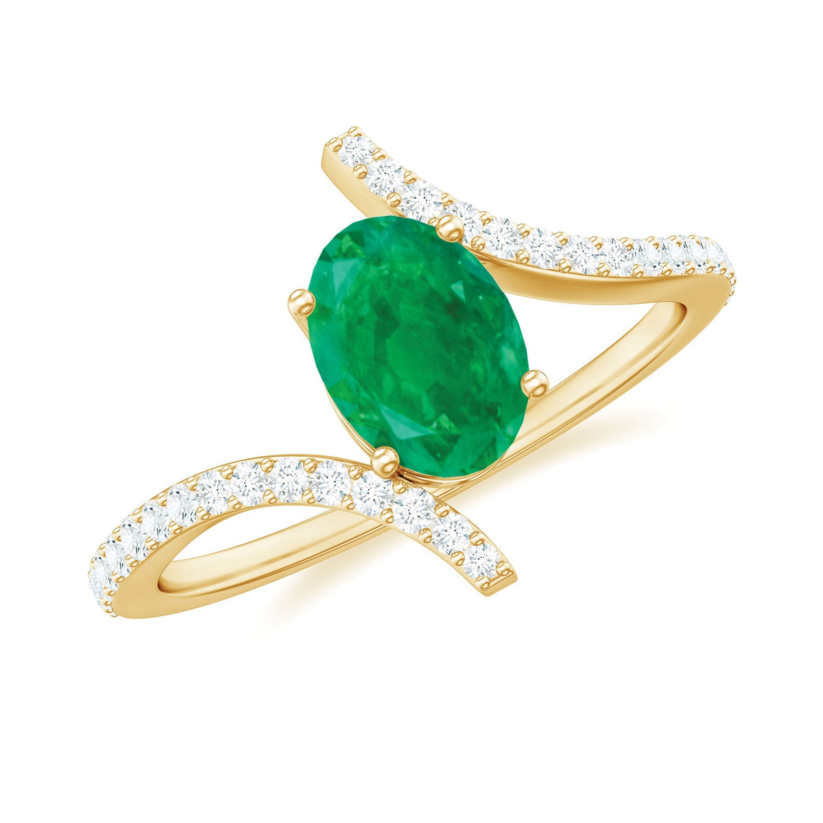 Emerald Bypass Ring - Oval Engagement Ring With Diamond Accents & Sculptural Band