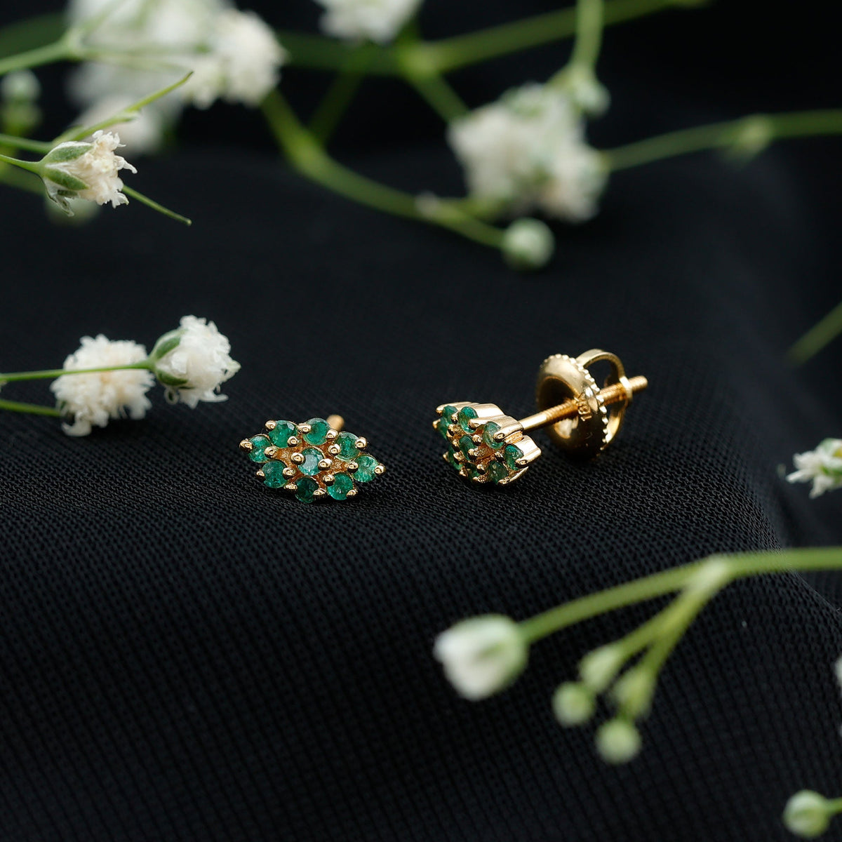 Emerald Cluster Earrings - Natural Round Studs With Screw Back, AAA Quality Emerald Jewelry