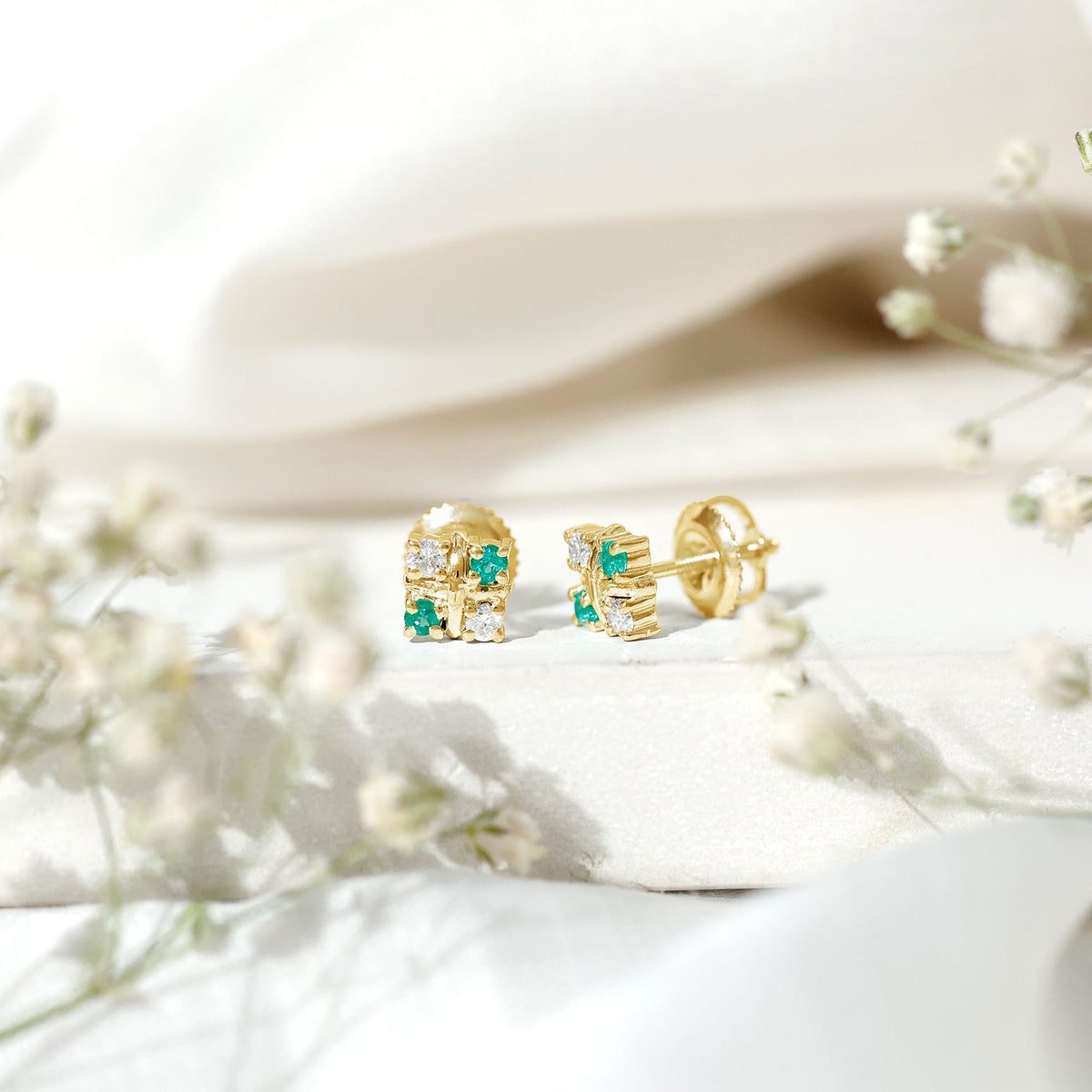 Emerald Cluster Earrings – Real Emerald Studs with Lab Diamond Screw Back Studs